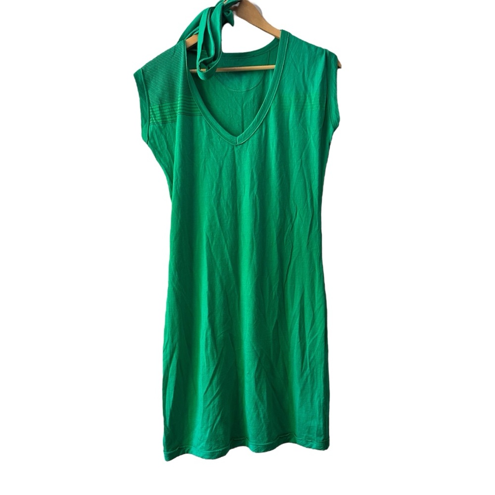 Icebreaker Merino Wool V-Neck Mini Dress Kelly Green Stripes Size Small